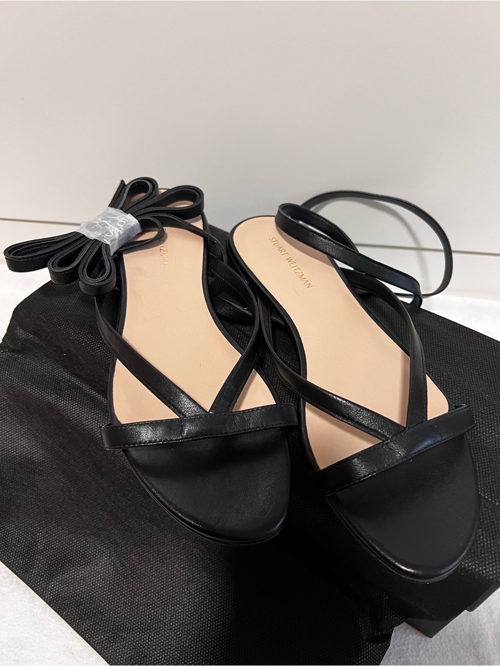 Stuart Weitzman Black Leather Strappy Flat Sandals size 6.5